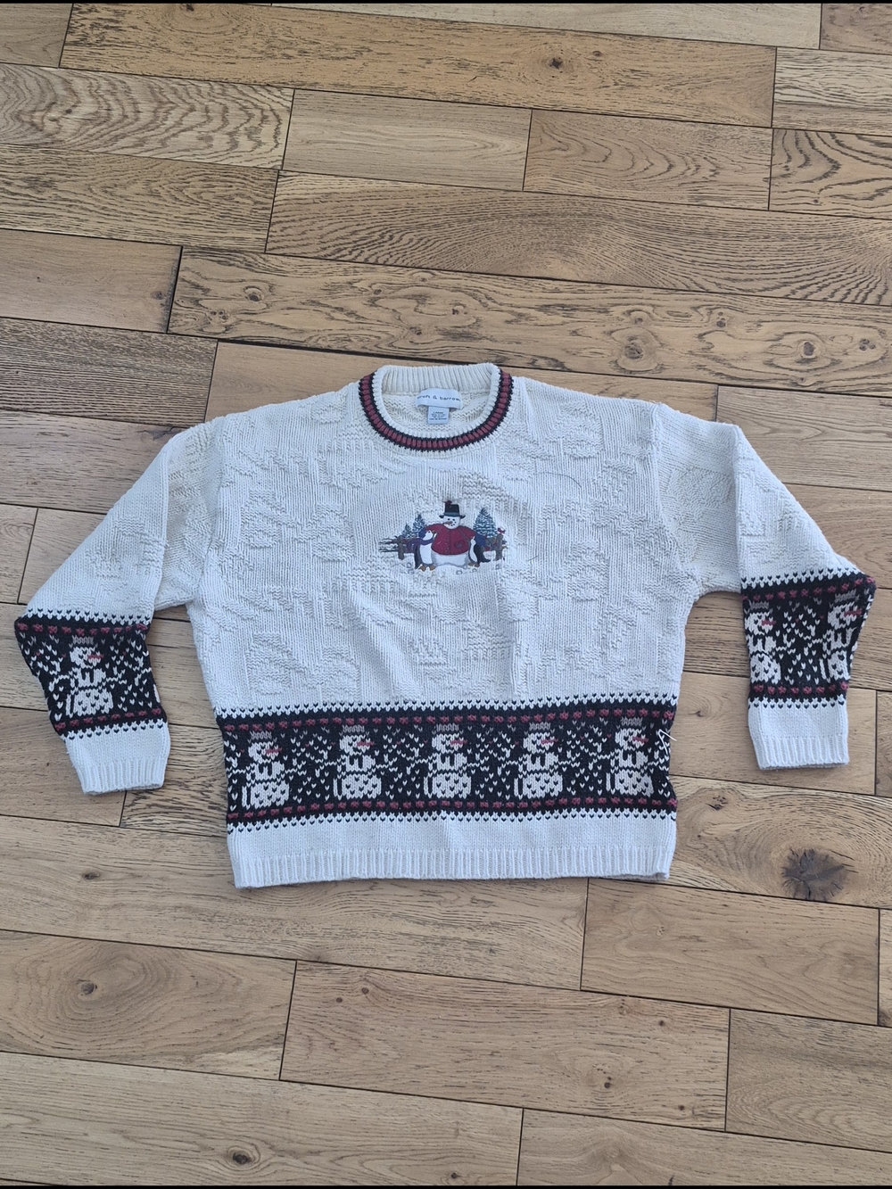 croft & barrow Cream Snowman Crewneck Sweater with Black & Red Trim